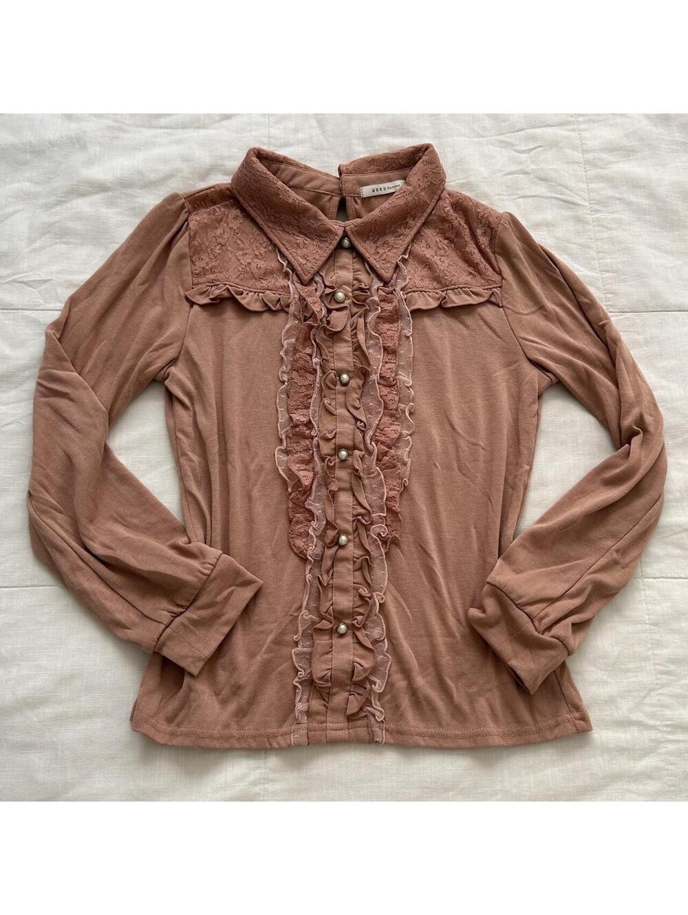 Axes Femme Mauve Pink Lace Pearl Button Ruffle Blouse Size M Japan